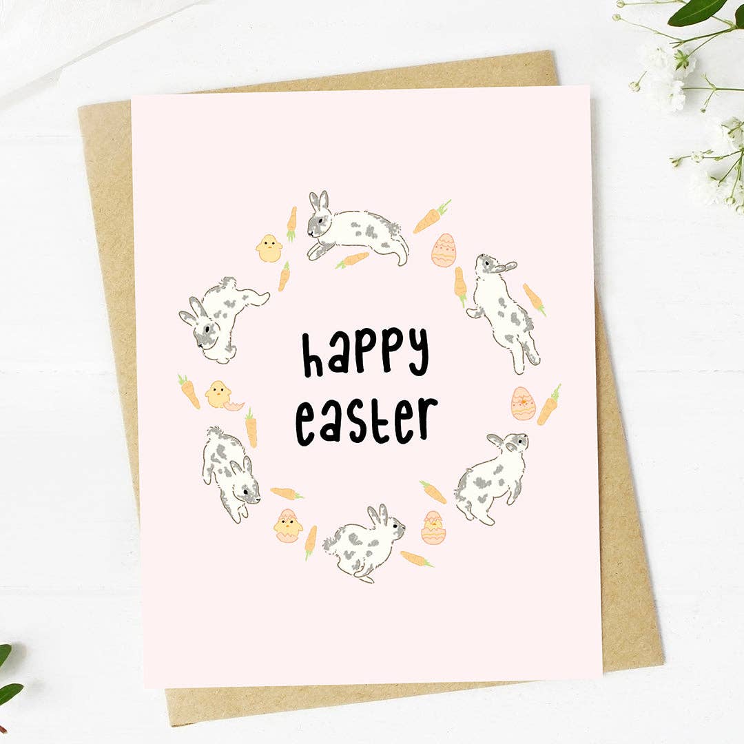 Happy Easter Cute Bunny & Chick Wreath Card