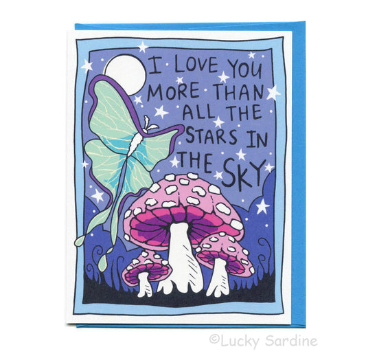 Luna Moth & Mushroom, Stars & Sky Love Card: True Blue