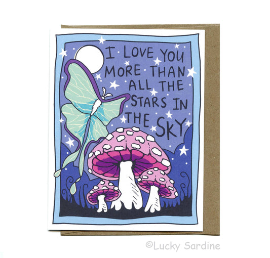 Luna Moth & Mushroom, Stars & Sky Love Card: True Blue
