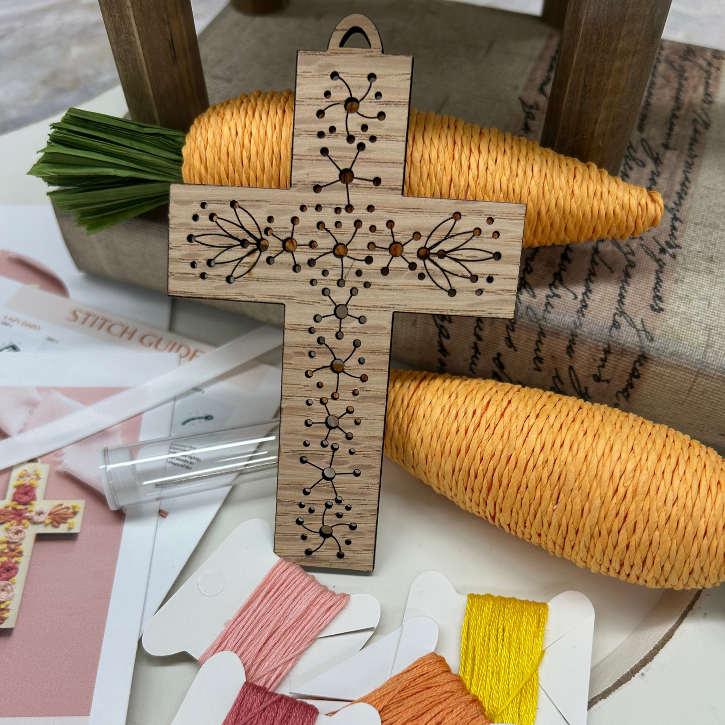 Floral Cross DIY Embroidery Kit: Cellophane Bag
