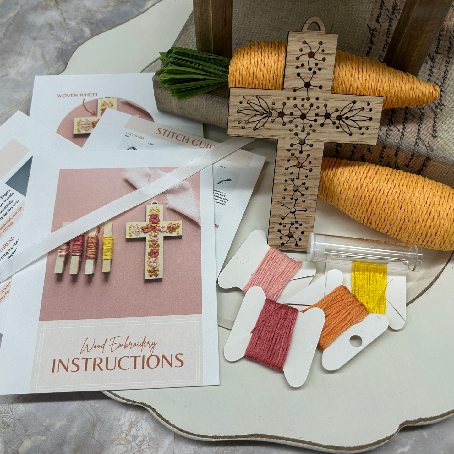 Floral Cross DIY Embroidery Kit: Cellophane Bag