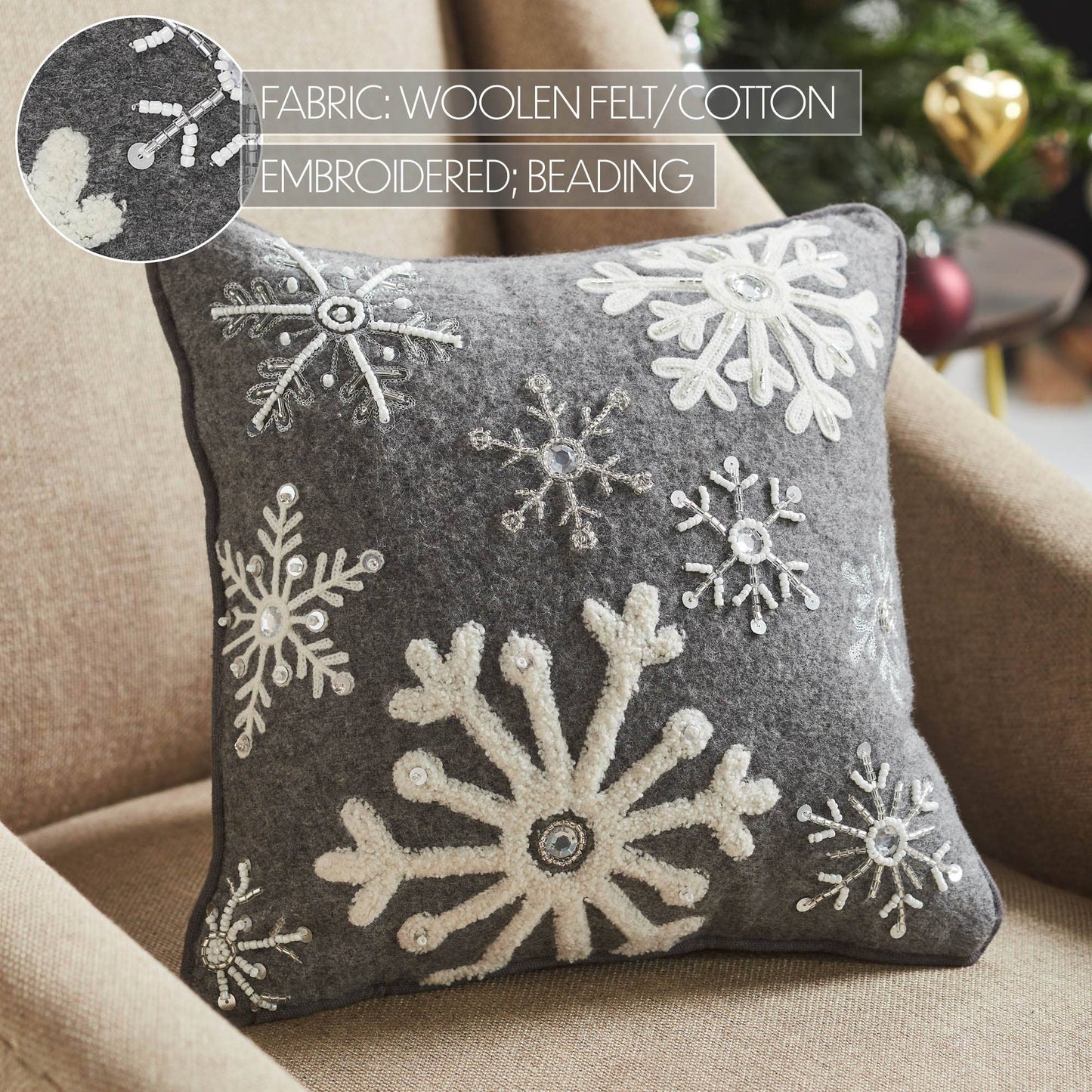 Snowflakes Grey Woolen Felt Pillow