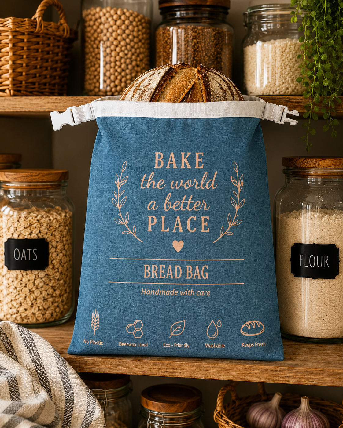 Bake The World A Better Place Bread Bag (Beeswax Lined)