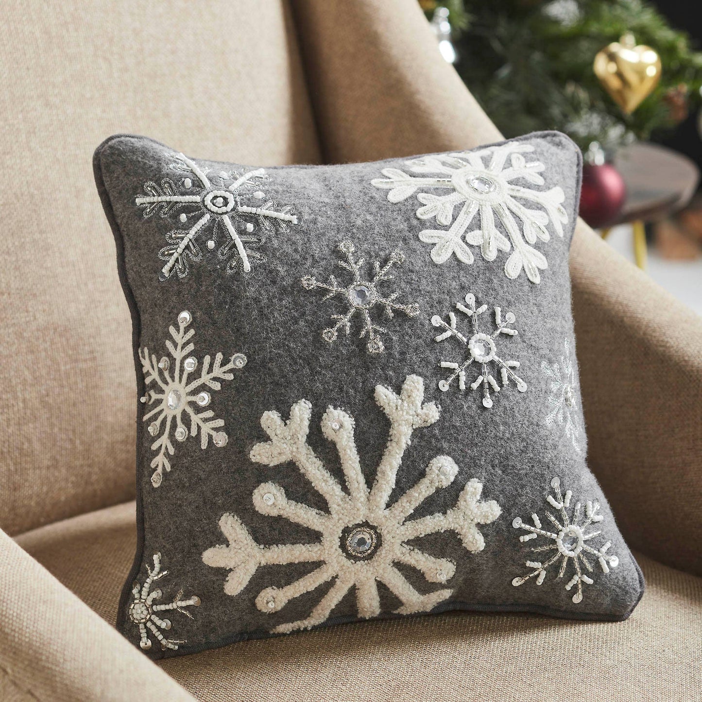 Snowflakes Grey Woolen Felt Pillow