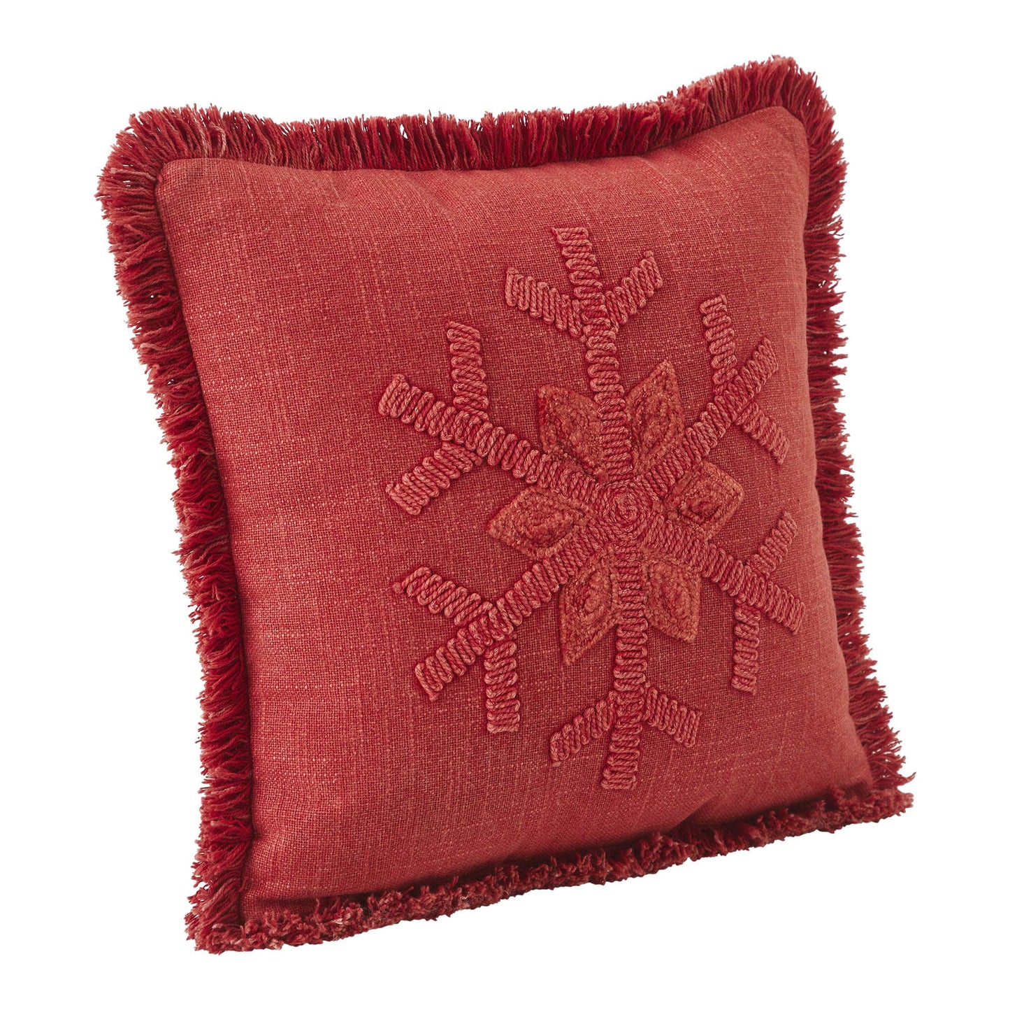 Red Snowflake Stone Washed Fringed Pillow 12x12