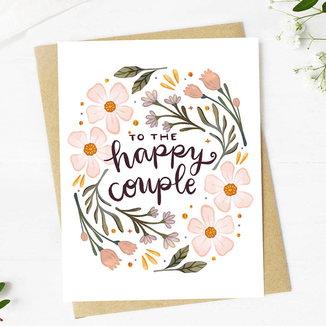 To the happy couple" Pink Florals Cursive Text Wedding Card