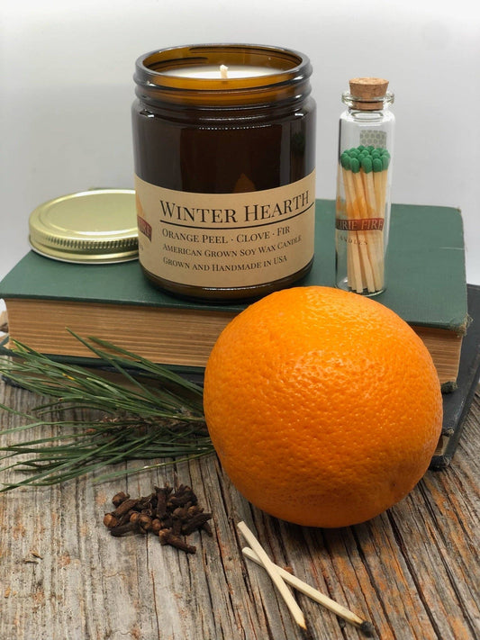 Winter Hearth Soy Candle | 9 oz Amber Apothecary Jar: Winter Hearth