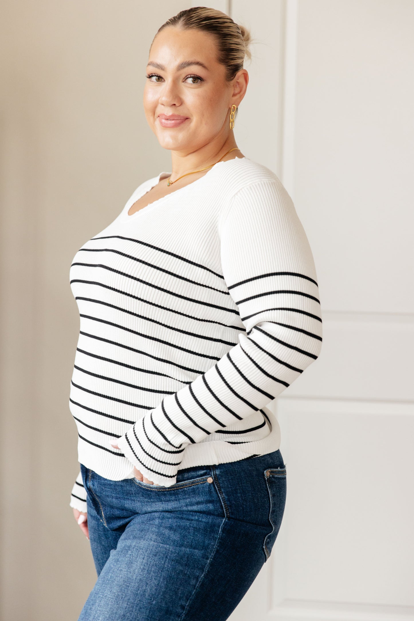 Website Exclusive Be Still V-Neck Striped Sweater