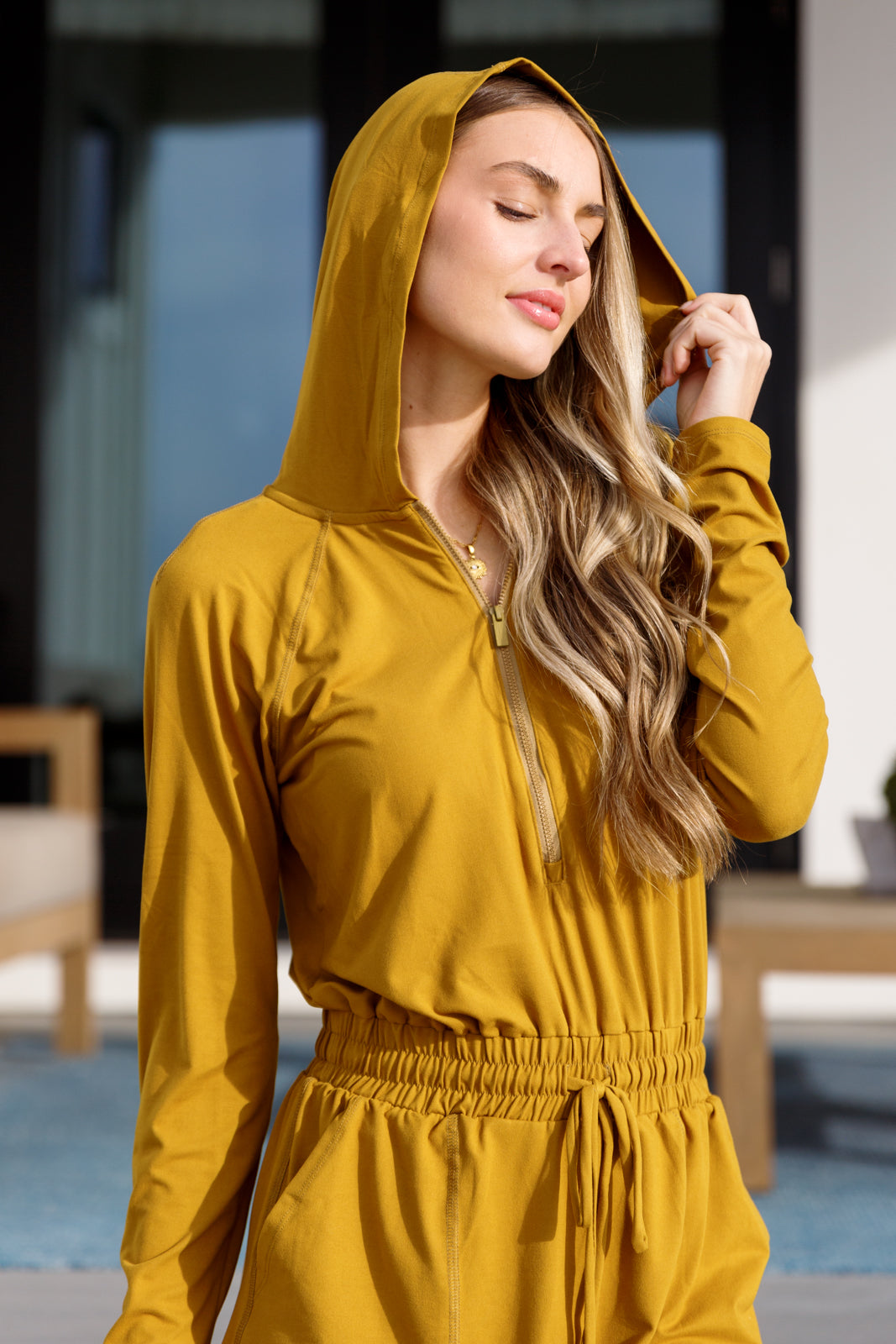Warehouse Exclusive Getting Out Long Sleeve Hoodie Romper Gold Spice